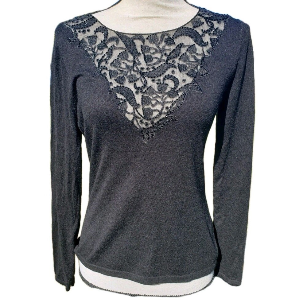 Talbots Beaded Embroidered Sweater Black Silk Cashmere Blend Lace Women's Sz Sml